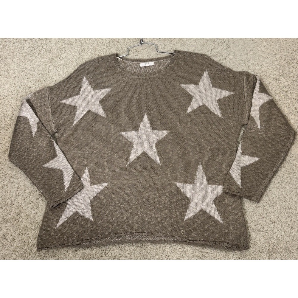 Easel Tan Beige Pullover Oversize Boxy Cropped Star Sweater Size S Rolled Edges‎